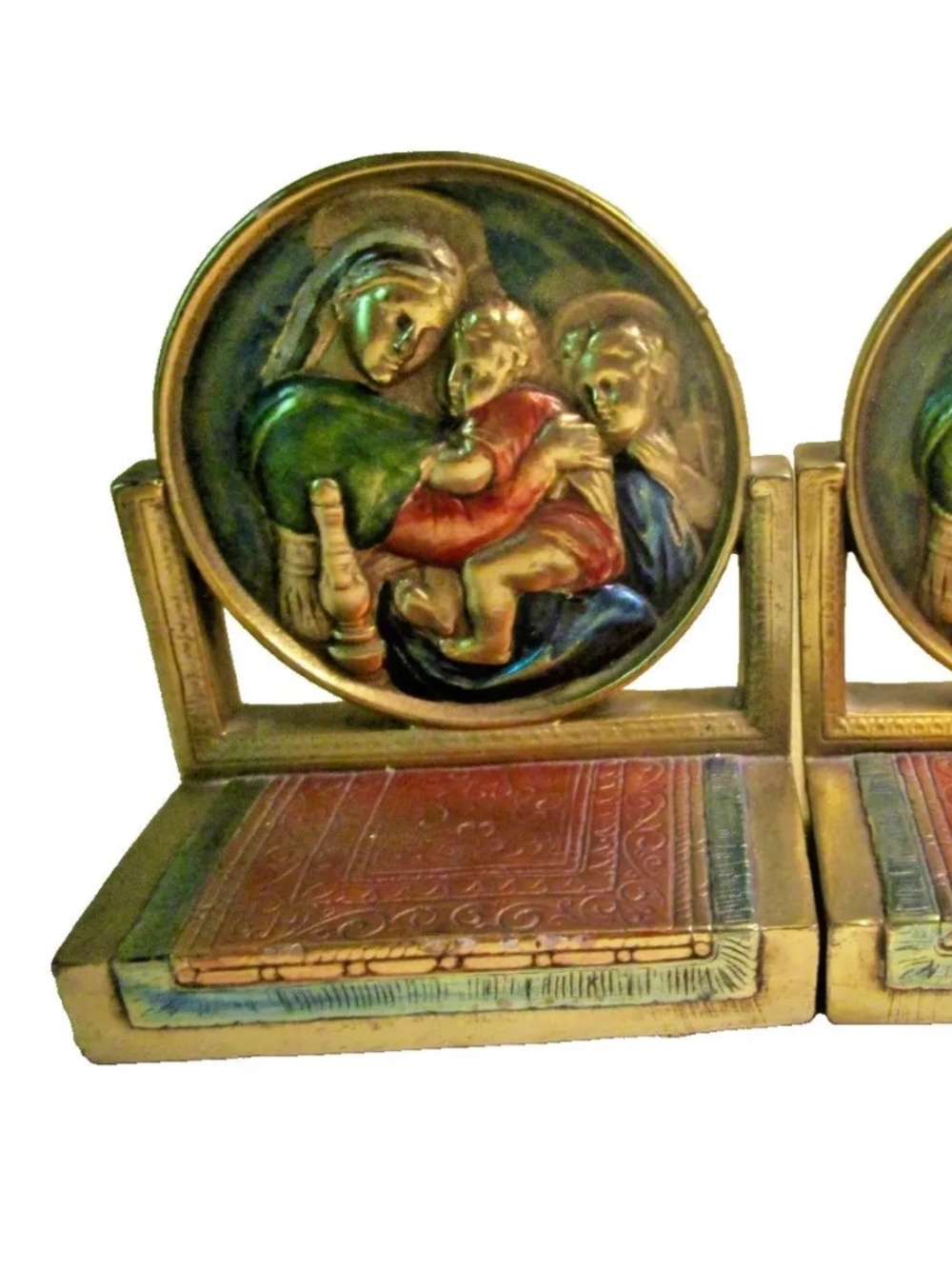 vintage 1920s Armor Bronze bookends, Virgin Mary group by Raphael, polychrome
